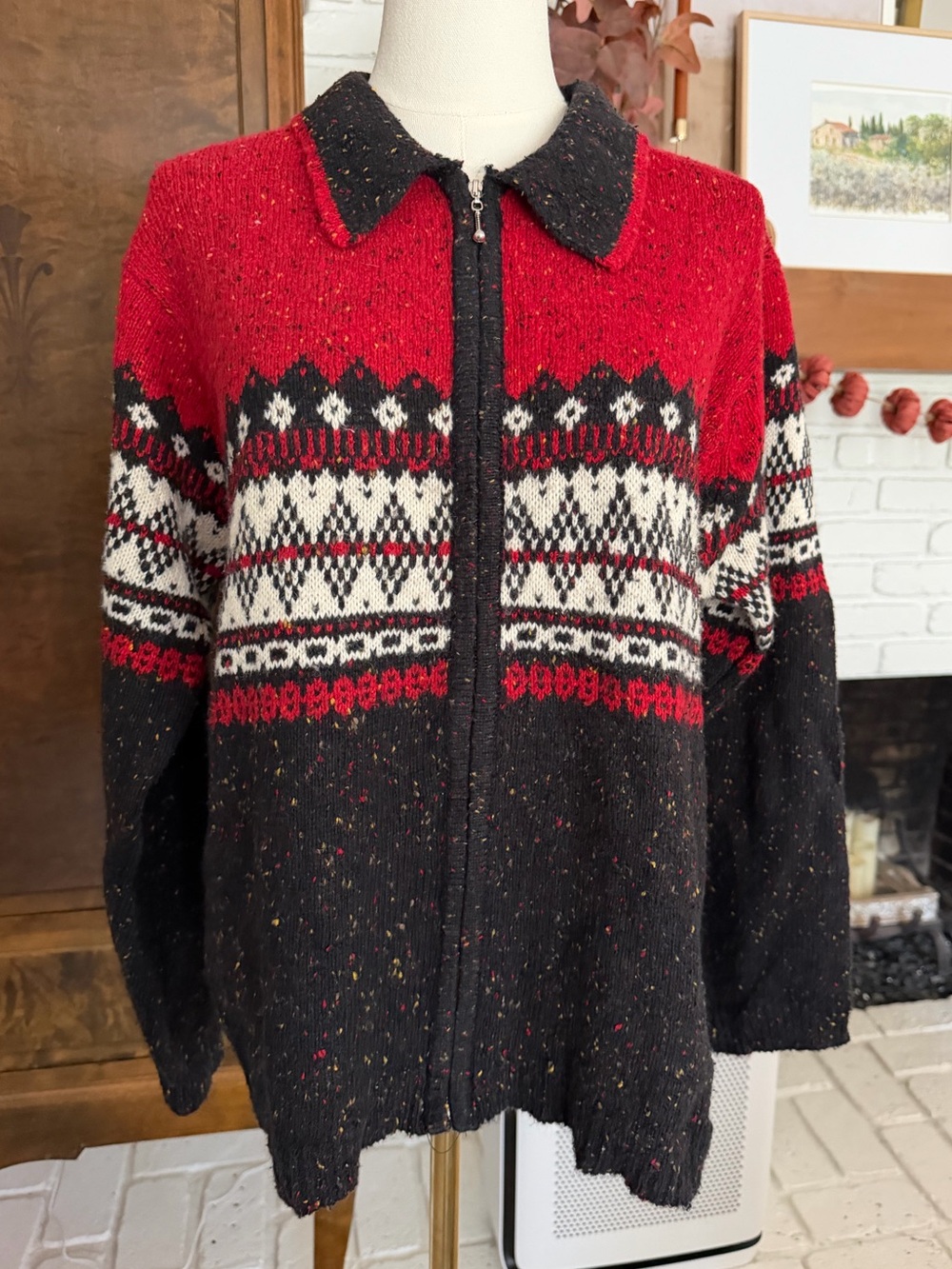 Vintage 90s Mountain Lake Nordic Fair Isle Zip-Up Cardigan Sweater